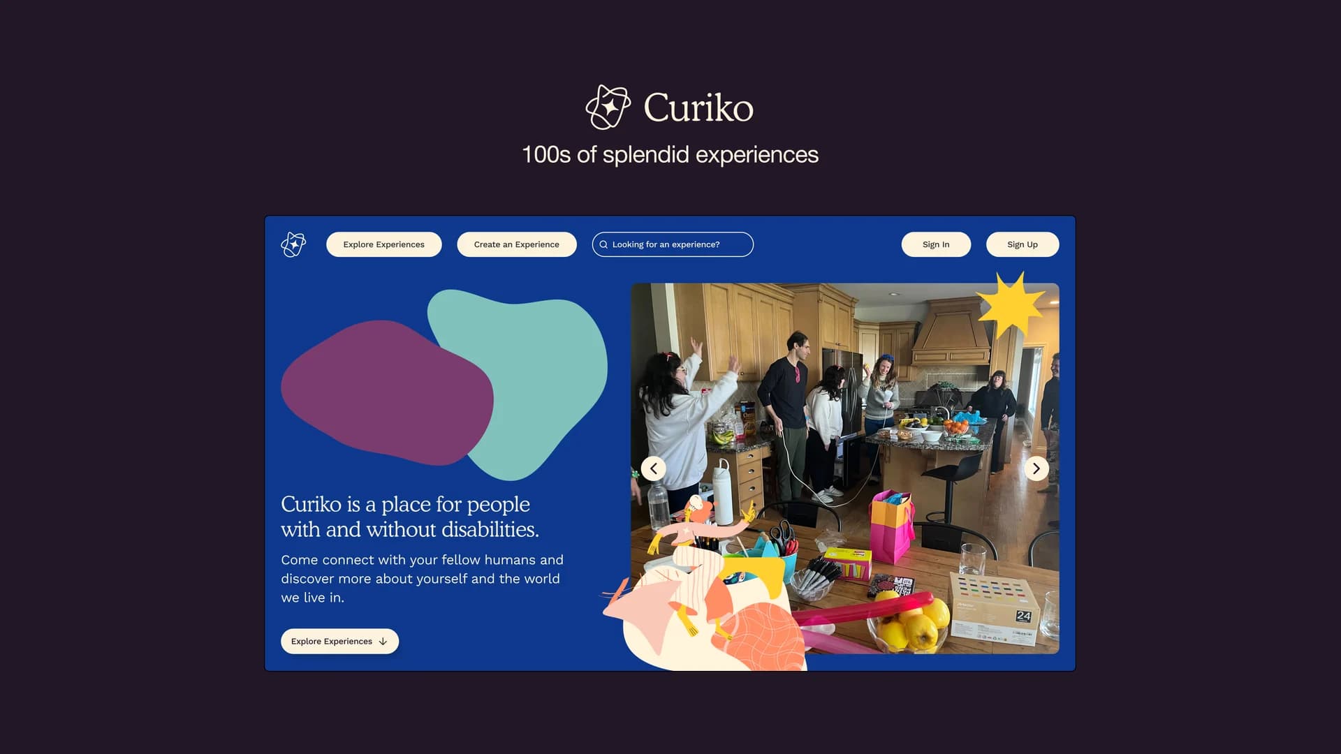 Curiko’s community experience platform, with its illustrated identity and an in-person gathering.