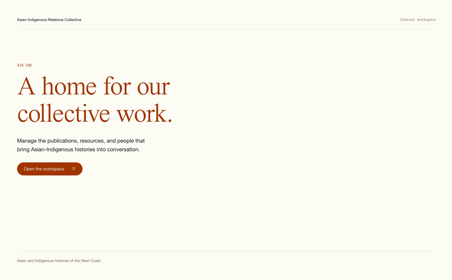 AIR's content workspace welcome screen, with a link to open the workspace
