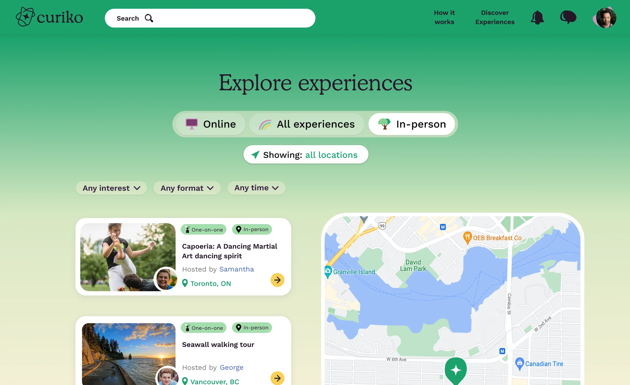 Curiko's green In-person Explore view with a location control, experience cards, and a map alongside the results.