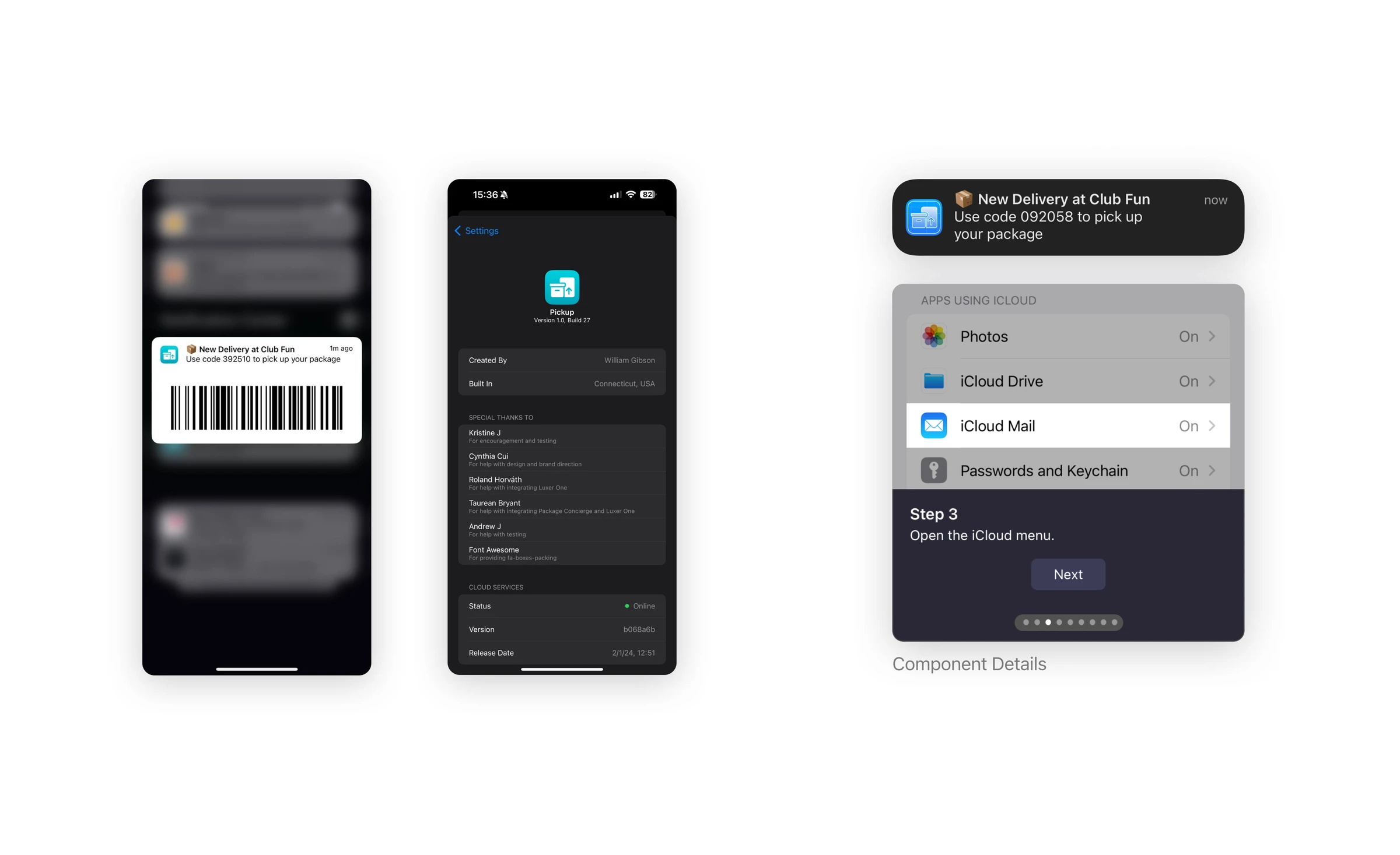 Pickup's delivery notification with a barcode, app information screen, and a close-up of the forwarding guide.