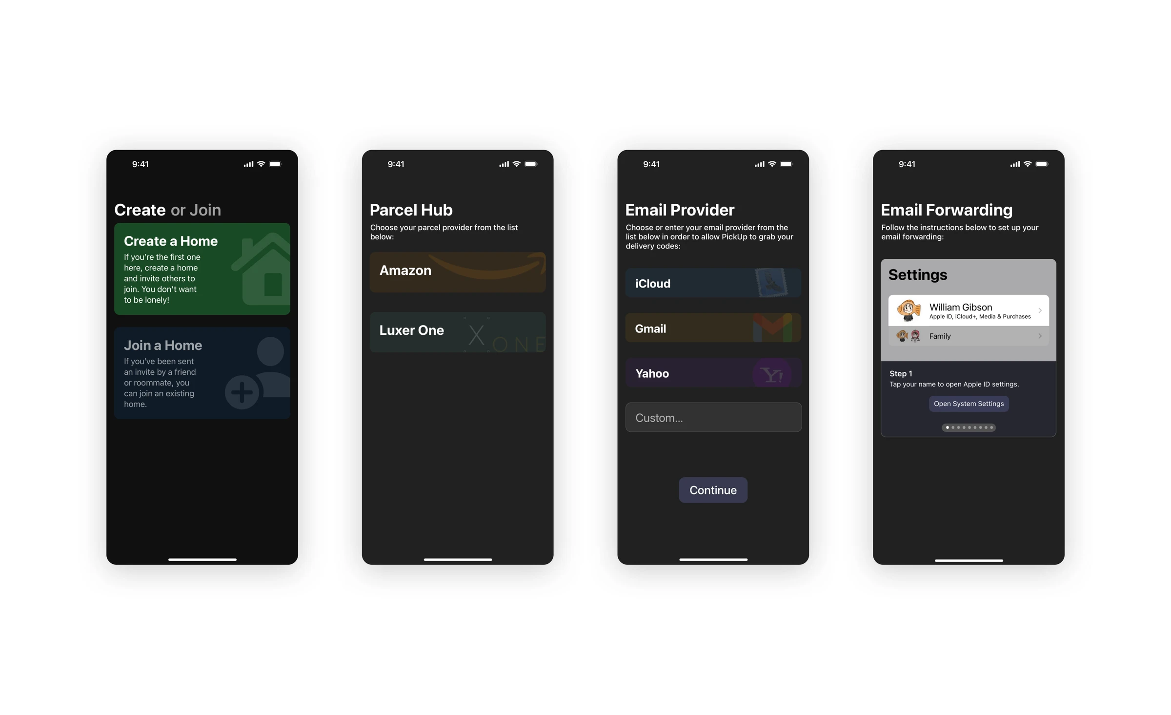 Four Pickup setup screens showing Create or Join, parcel provider selection, email provider selection, and illustrated forwarding instructions.