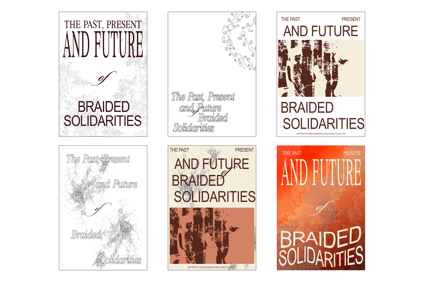 Brochure cover iterations exploring different styles.