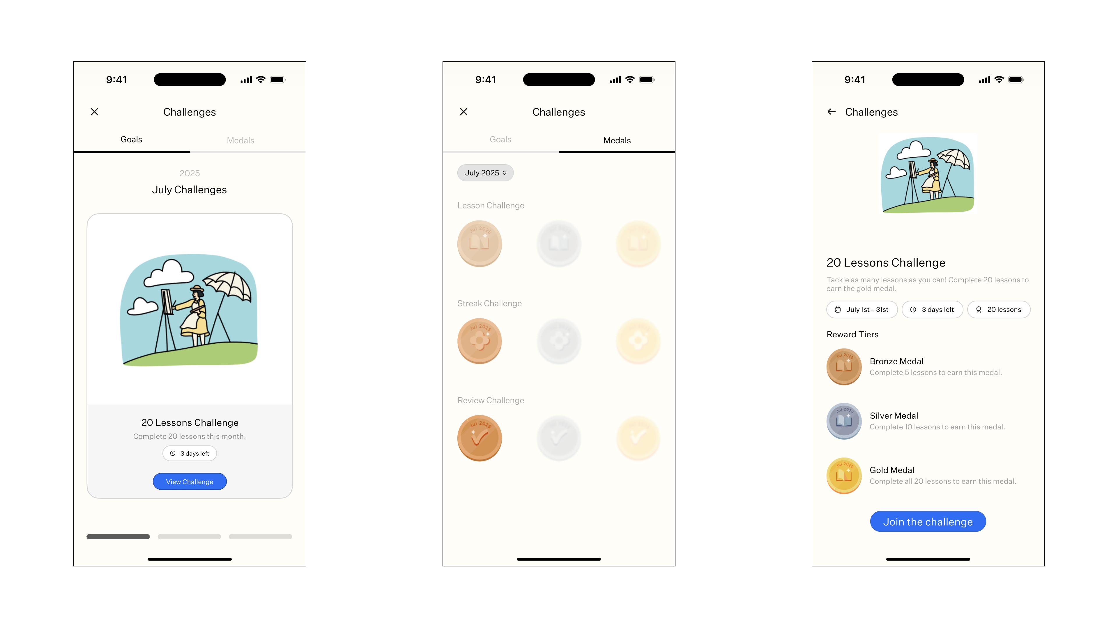 My proposed challenge home, medal collection, and details screens.