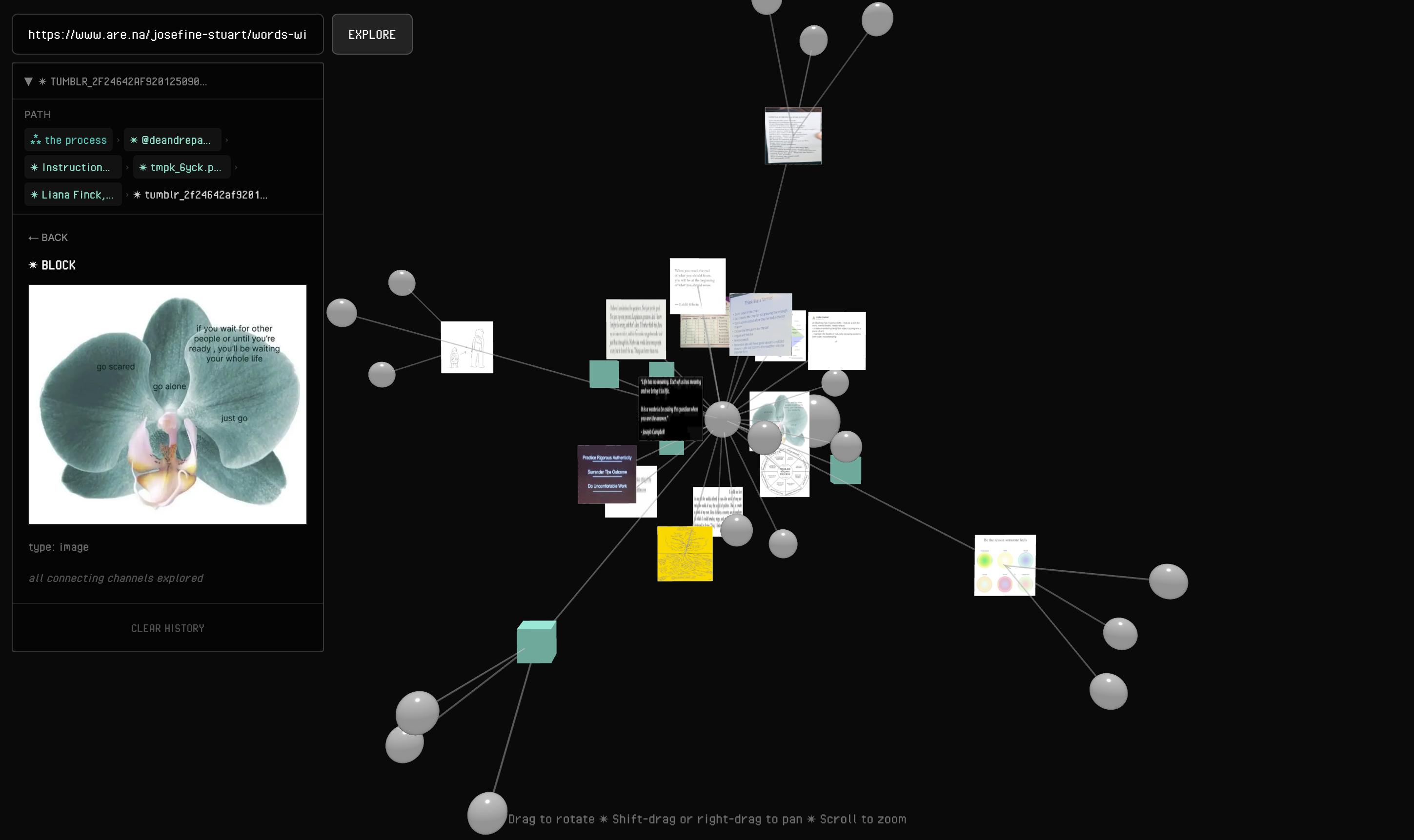 The Kabo sidebar open with an image block selected, linking back to Are.na.