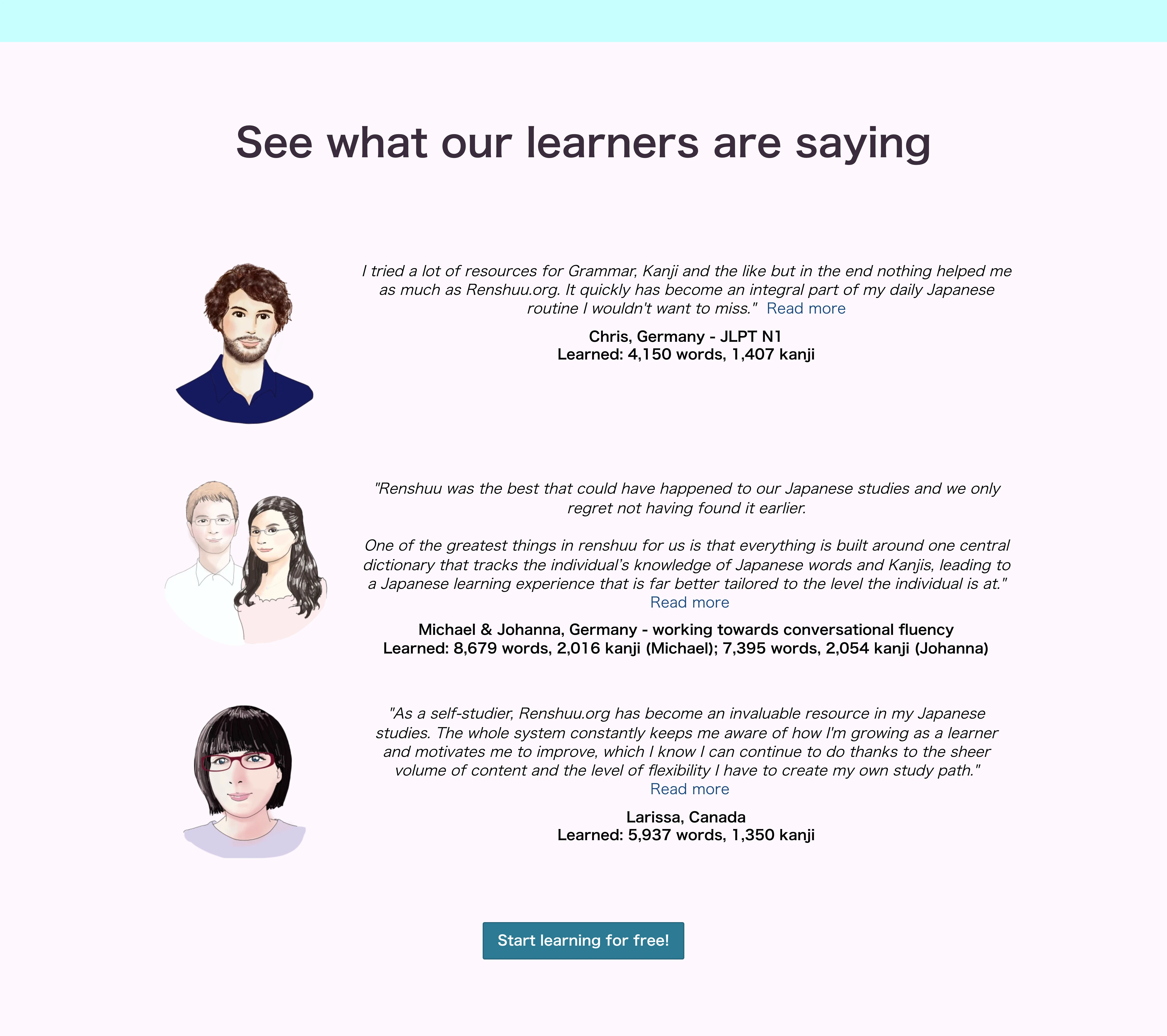 Learner testimonials on the original Renshuu landing page.